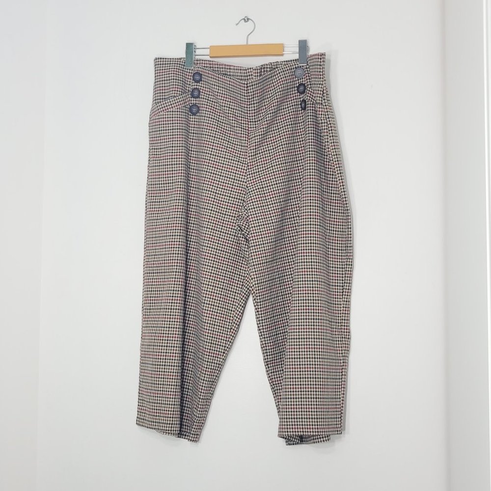 Ari & Clo Women Tan Black Red White Checkers Cropped Tartan Button Pants Size 22